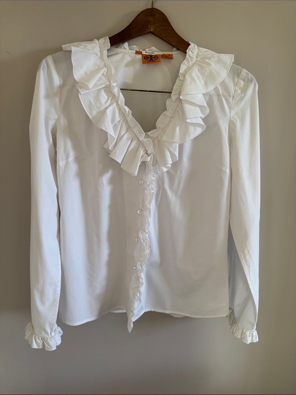 Tory Burch White Ruffle V-Neck Blouse